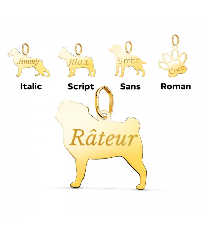 Collar con forma de perro personalizado con nombre en Oro 18K - Colgante perro Carlino