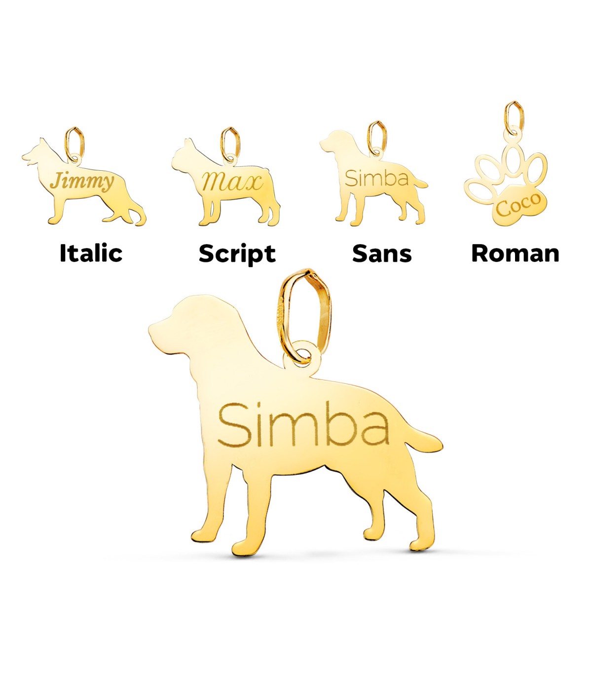 Collar con forma de perro personalizado con nombre en Oro 18K - Colgante perro Labrador
