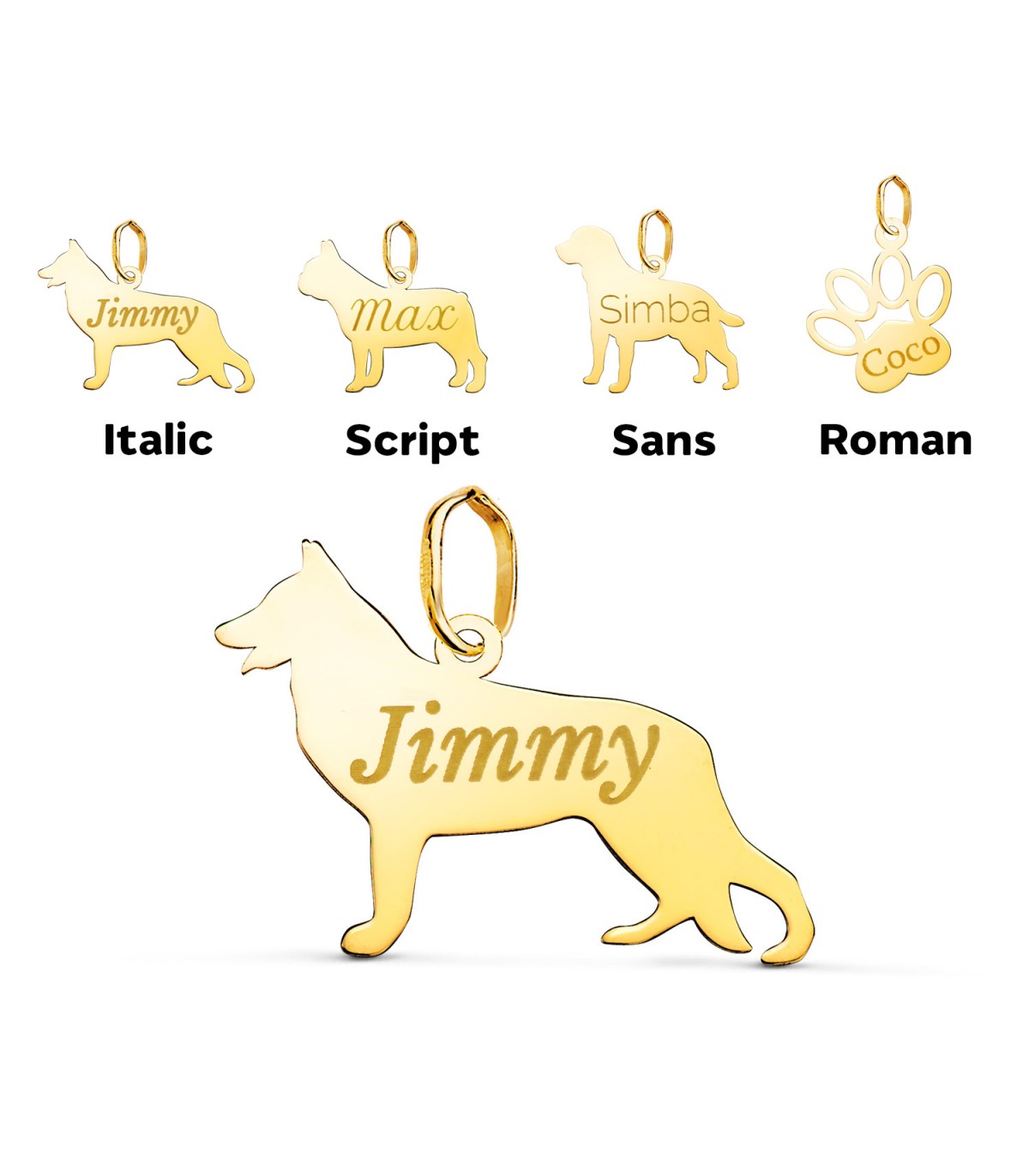 Collar con forma de perro personalizado con nombre en Oro 18K - Colgante perro Pastor Alemán