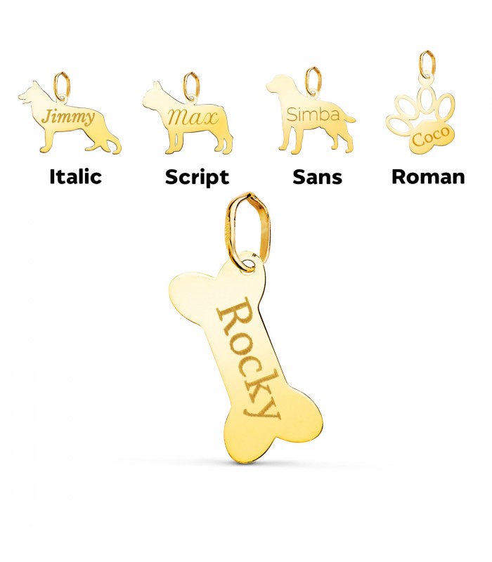 Colgante Personalizado Hueso Perro Oro 18K, collar grabado con el nombre de tu mascota. Recuerdos de mascotas hechos joya.