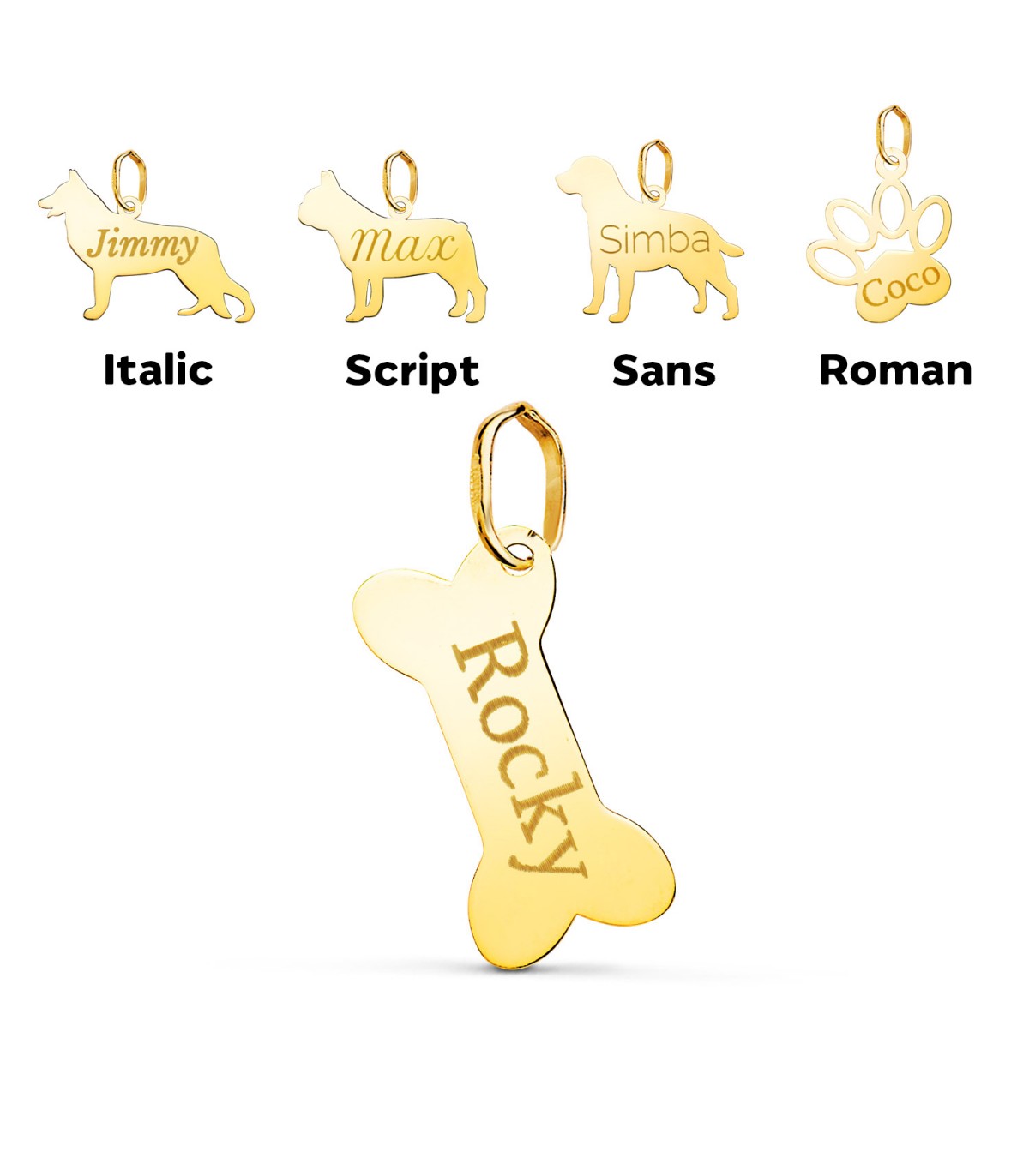 Colgante Personalizado Hueso Perro Oro 18K, collar grabado con el nombre de tu mascota. Recuerdos de mascotas hechos joya.