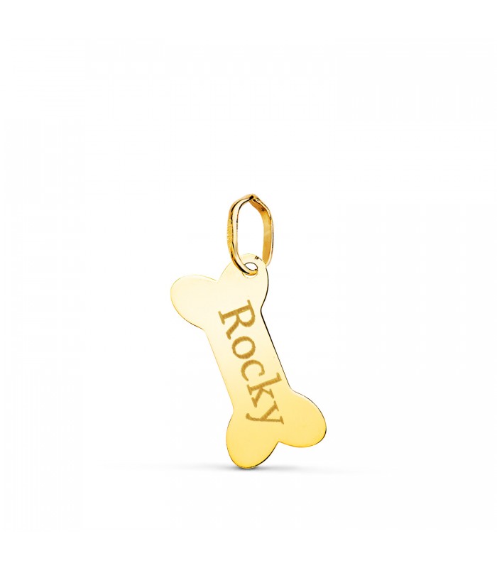 Colgante Personalizado Hueso Perro Oro 18K, collar grabado con el nombre de tu mascota. Recuerdos de mascotas hechos joya.