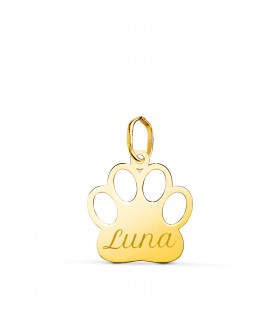 Colgante Huella Perro Personalizado Oro 18K, collar grabado con el nombre de tu mascota. Recuerdos de mascotas hechos joya.