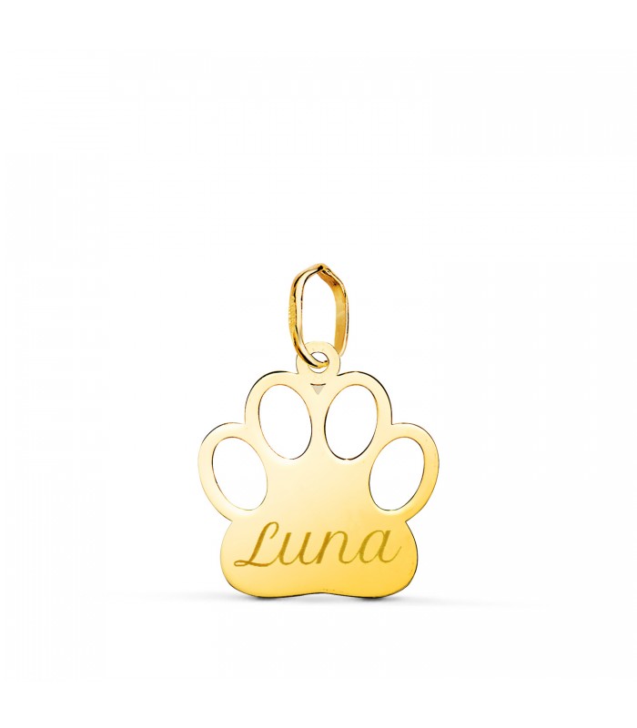 Colgante Huella Perro Personalizado Oro 18K, collar grabado con el nombre de tu mascota. Recuerdos de mascotas hechos joya.