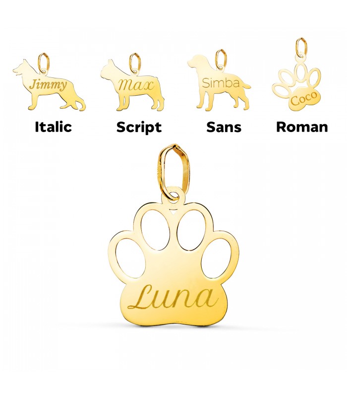 Colgante Huella Perro Personalizado Oro 18K, collar grabado con el nombre de tu mascota. Colgantes nombres grabados.