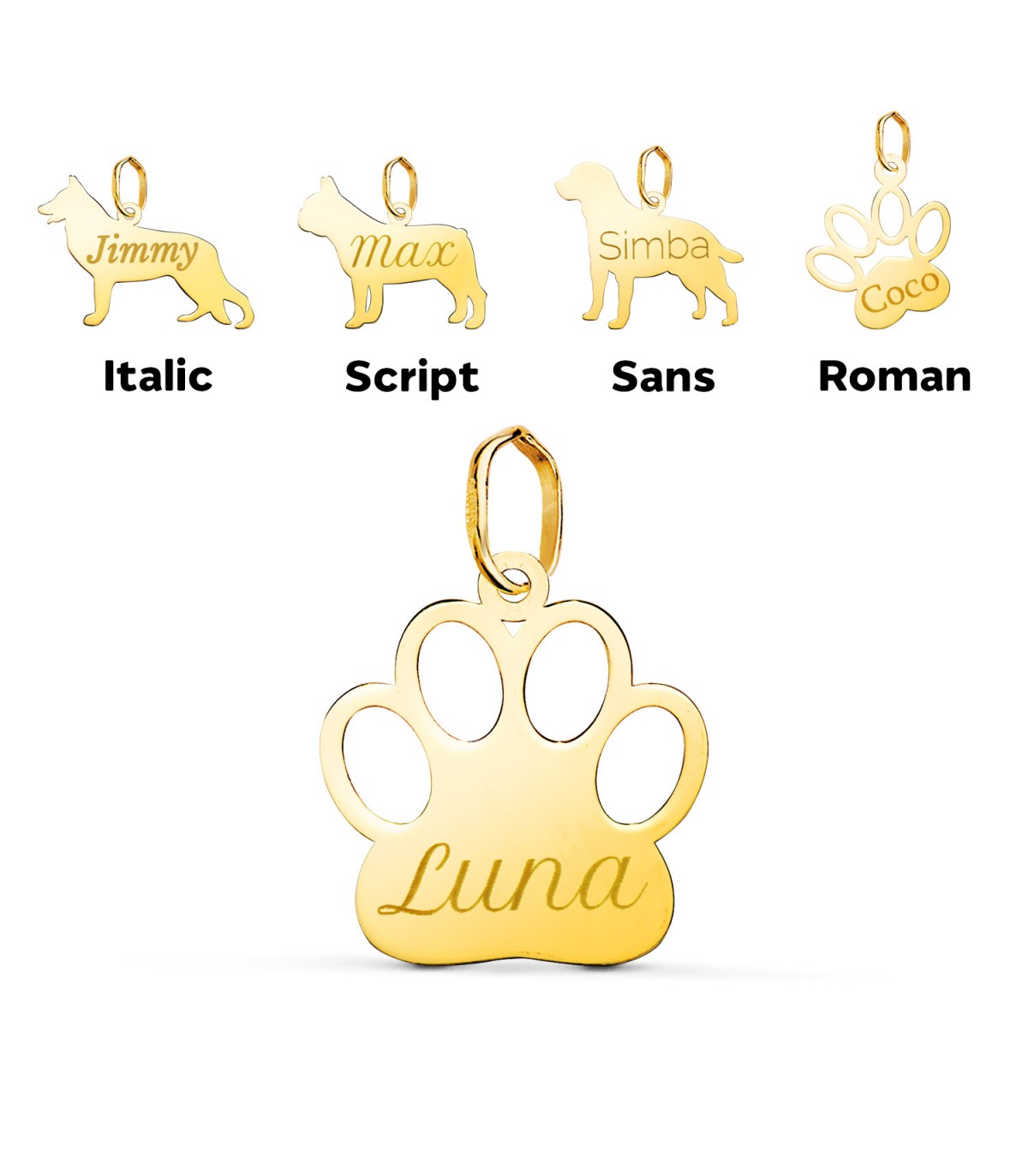 Colgante Huella Perro Personalizado Oro 18K, collar grabado con el nombre de tu mascota. Colgantes nombres grabados.