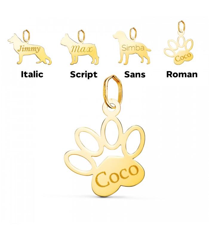 Colgante Huella de perro Oro 18 K 17 mm, collar grabado con el nombre de tu mascota. Colgantes nombres grabados.