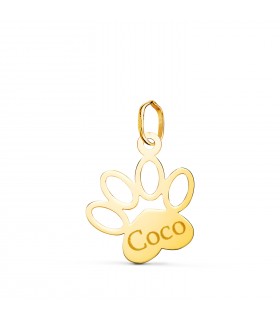 Colgante Huella de perro Oro 18 K 17 mm, collar grabado con el nombre de tu mascota. Recuerdos de mascotas hechos joya.