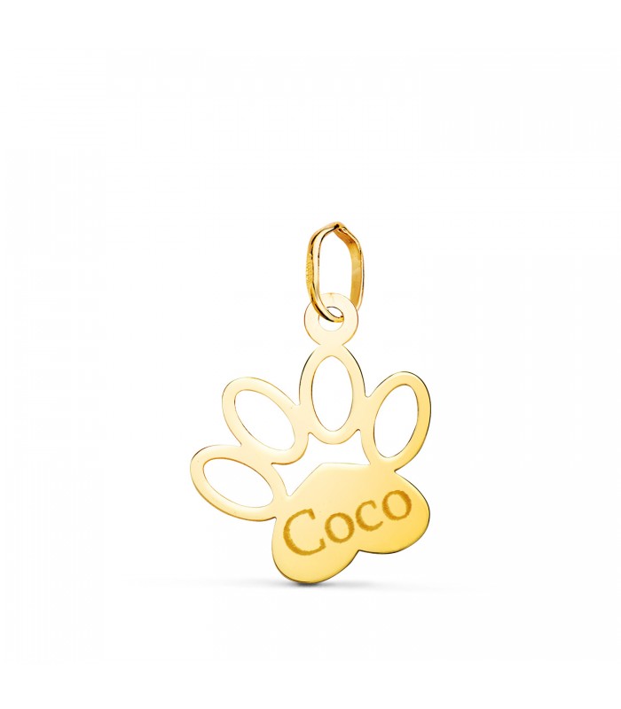 Colgante Huella de perro Oro 18 K 17 mm, collar grabado con el nombre de tu mascota. Recuerdos de mascotas hechos joya.