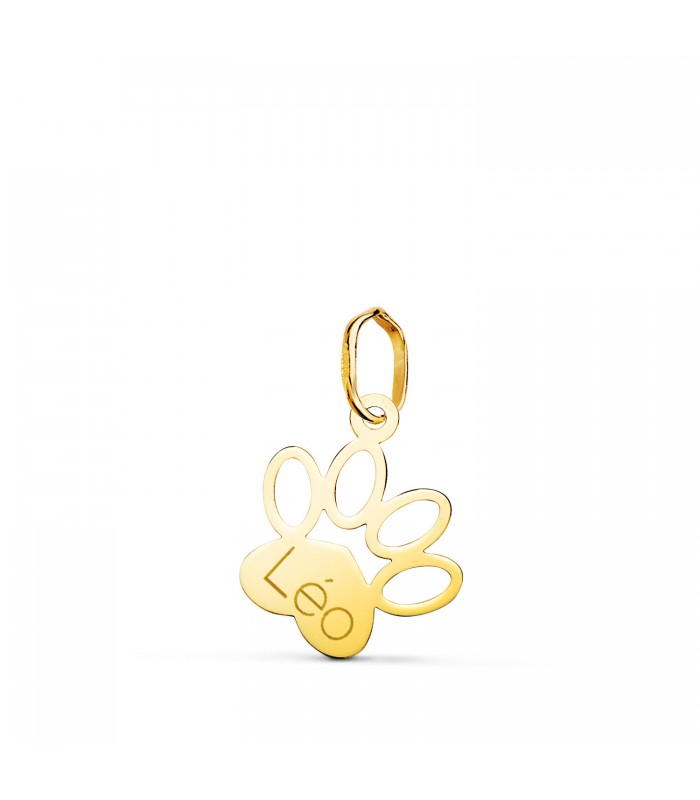 Ciondolo zampa di cane Oro 18 Kt 14 mm, collana incisa con il nome del cane. Ricordi degli animali trasformati in gioielli.