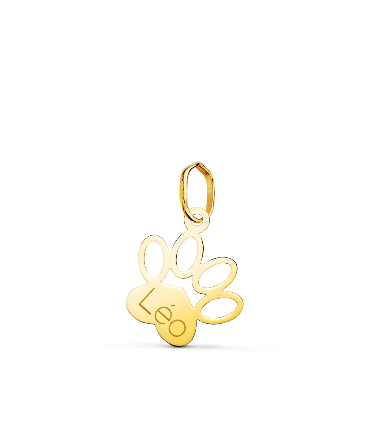 Ciondolo zampa di cane Oro 18 Kt 14 mm, collana incisa con il nome del cane. Ricordi degli animali trasformati in gioielli.