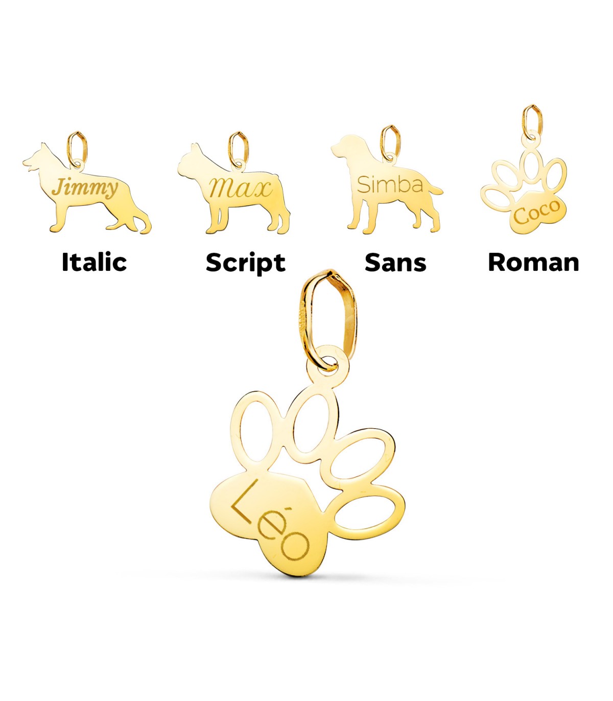 Collares y colgante mujer con Huella patita de Perro - Personalizado con nombres de mascotas grabados.