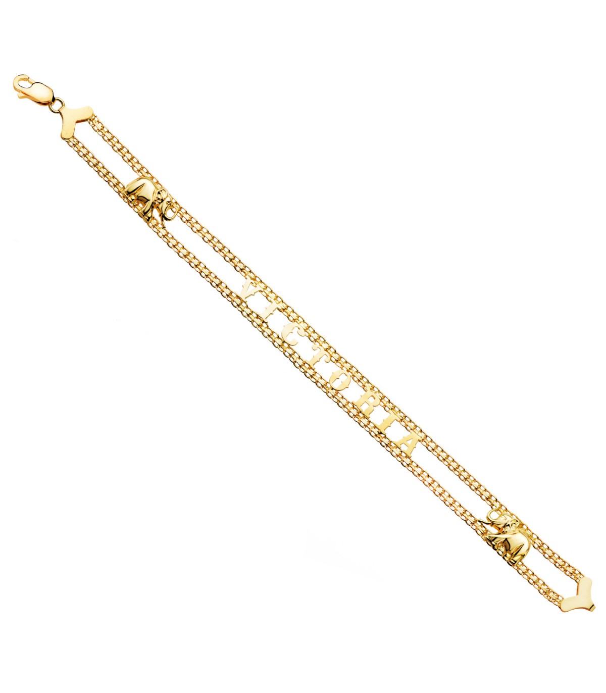 Bracelet avec prénom et éléphants or 18K. Bracelet personnalisable pour femme