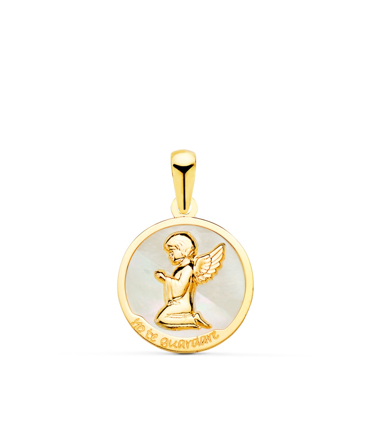 Medalla ángel "Yo te guardaré" Oro 18K Nácar. Regalos para bautizos y bebés