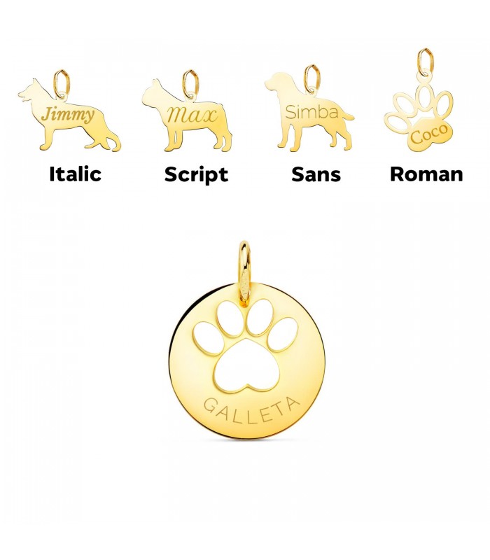 Pendentif Empreinte de patte Or 18 K 17 mm, collier gravé au nom chien. Collier nom personnalisé.
