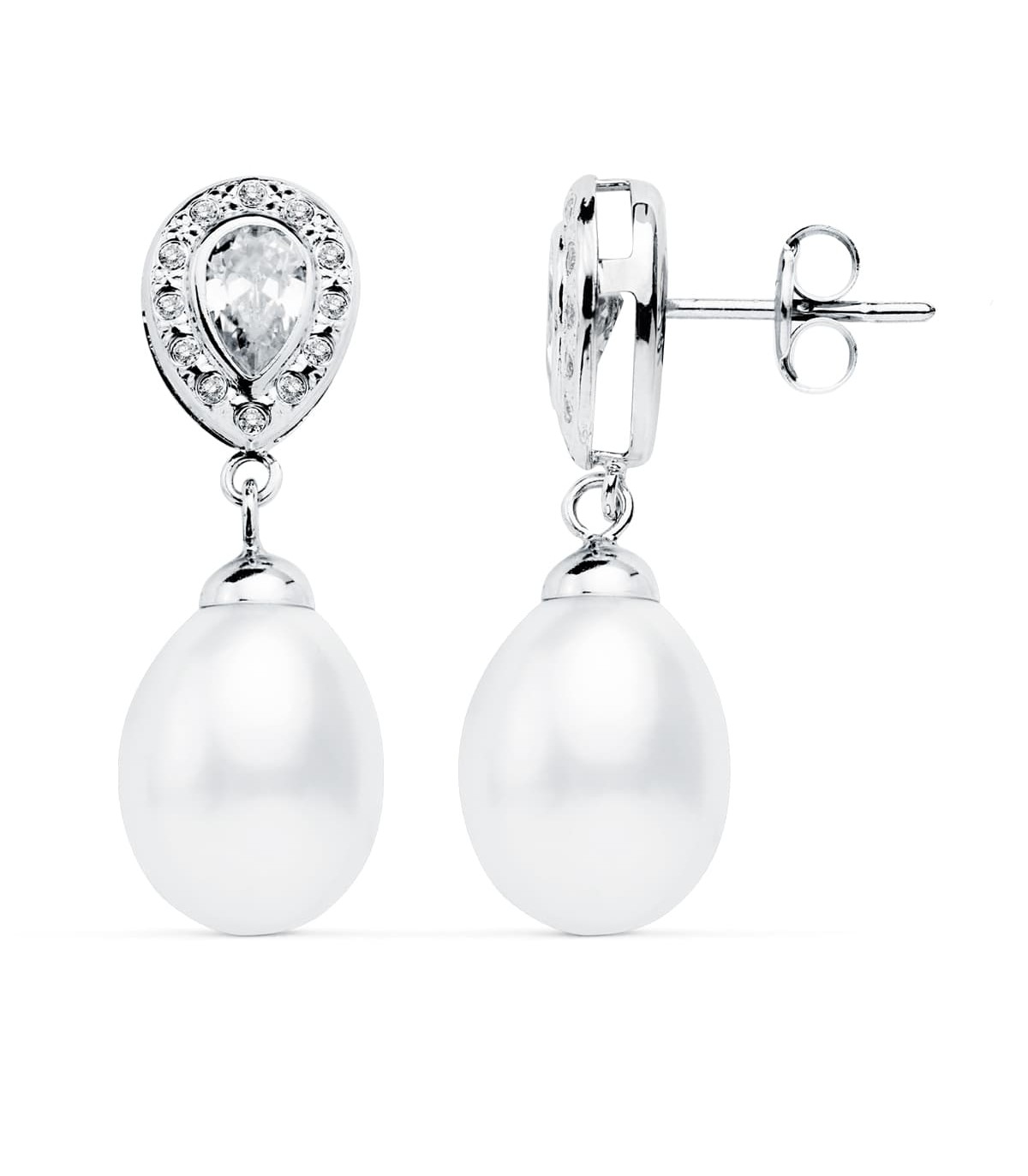Pendientes de Novia Marisa Oro Blanco 18K. Pendientes largos con perlas para mujer.