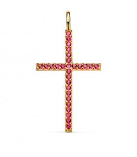 Pendentif croix or et zircons fuchsia 18K.  Colliers ras-de-cou et colliers avec croix pour femmes