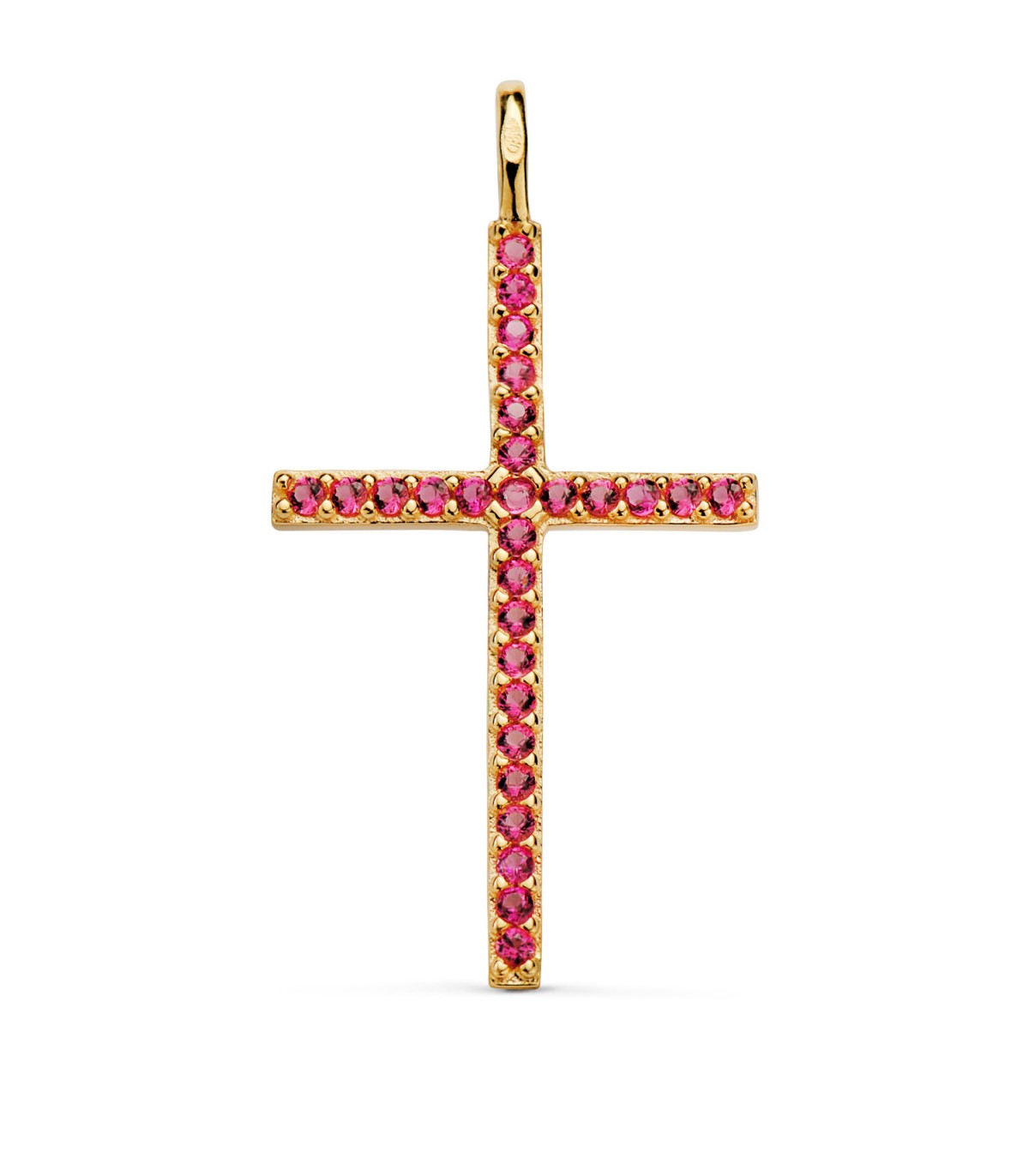 Ciondolo a forma di croce in oro giallo 18k, con zirconi rosa | Croce d'oro 31mm