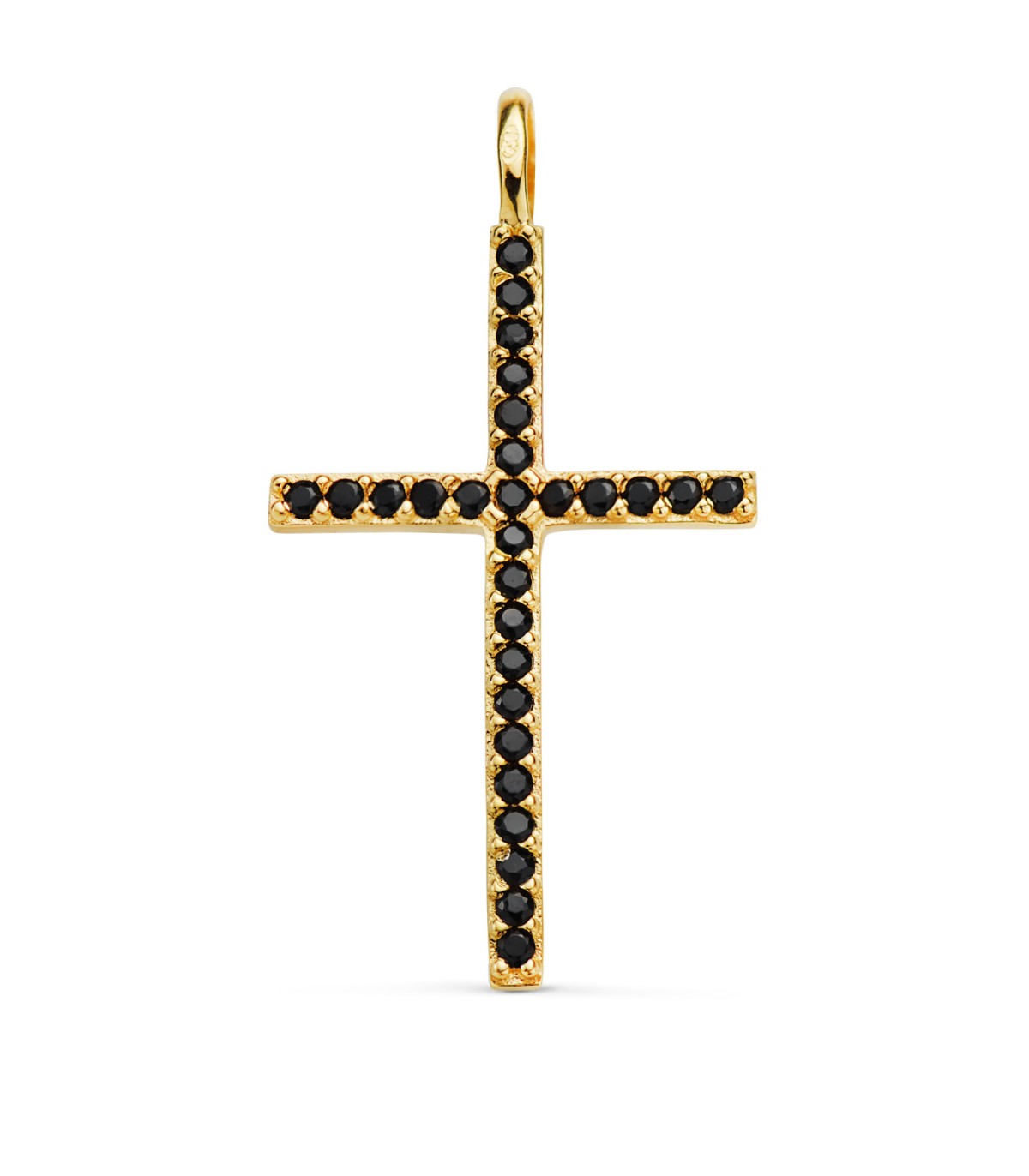 Ciondolo a forma di croce in oro giallo 18k, con zirconi neri | Croce d'oro 31mm