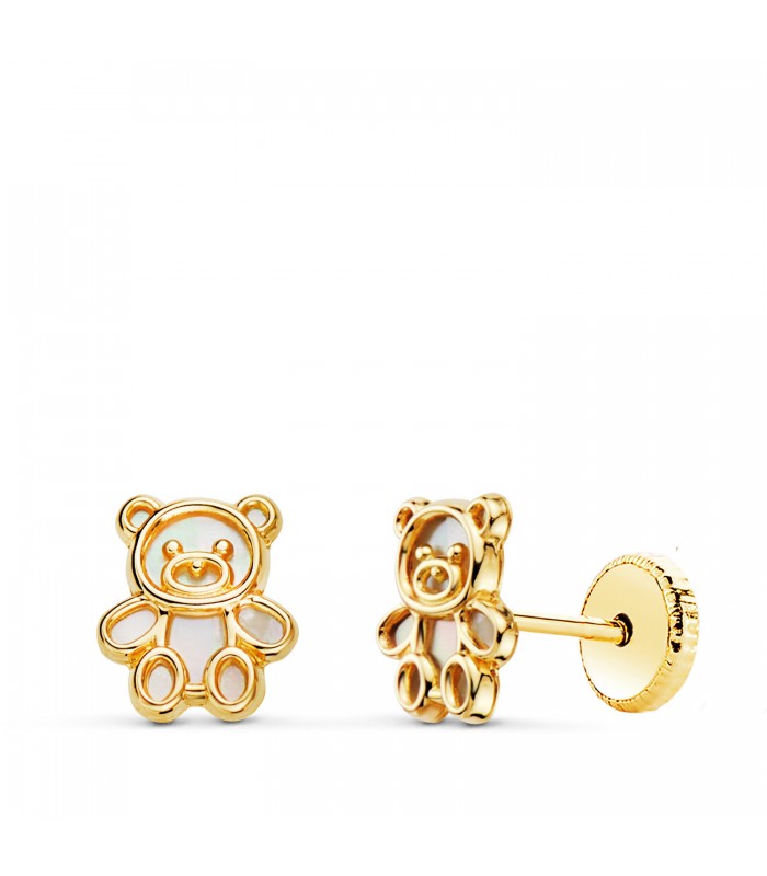 Pendientes osito nácar oro amarillo 18K 7mm. Pendientes de niña con cierre rosca tornillo, pendientes animales, oso