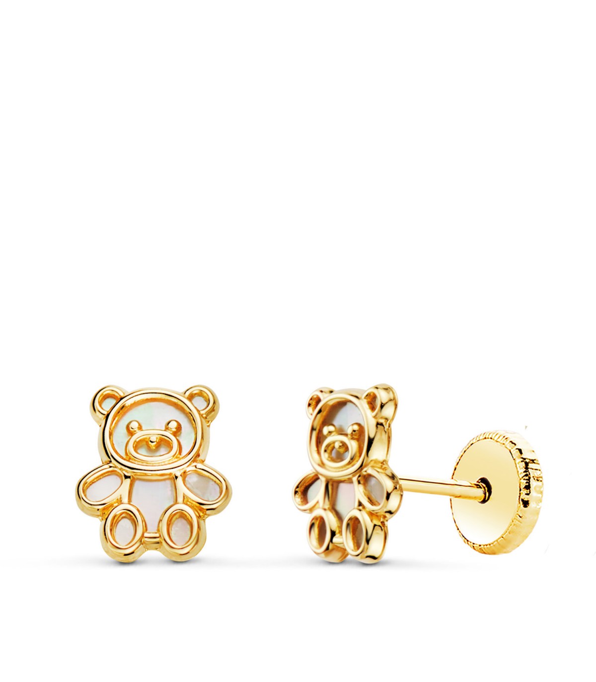 Pendientes osito nácar oro amarillo 18K 7mm. Pendientes de niña con cierre rosca tornillo, pendientes animales, oso