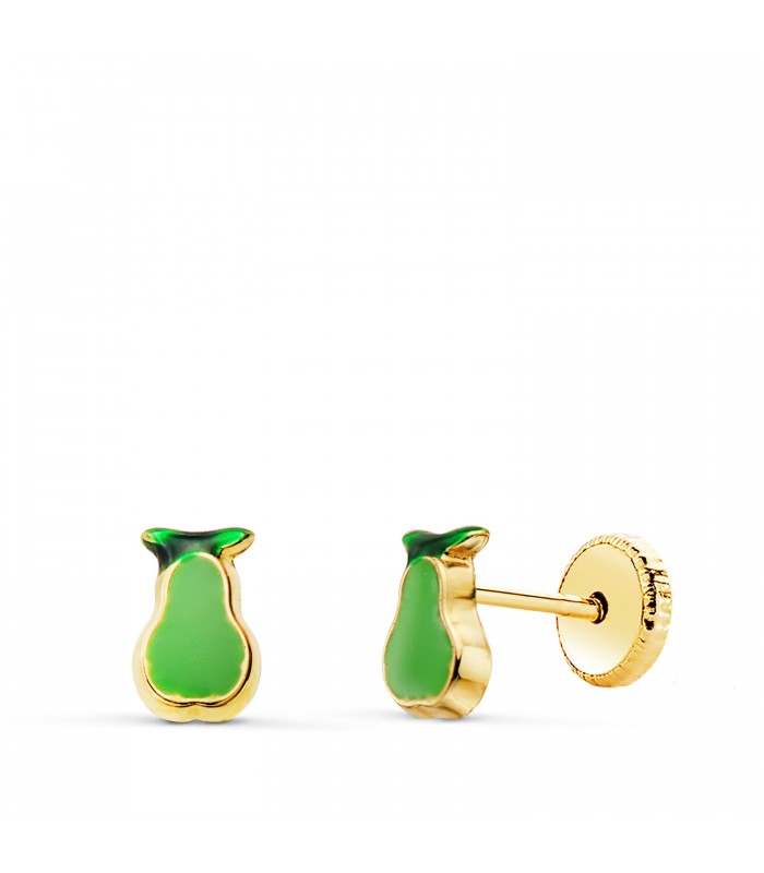 Pendientes de niña Oro 18K Pera. Cierre de rosca / tuerca / tornillo. Pendientes originales para niña frutas.