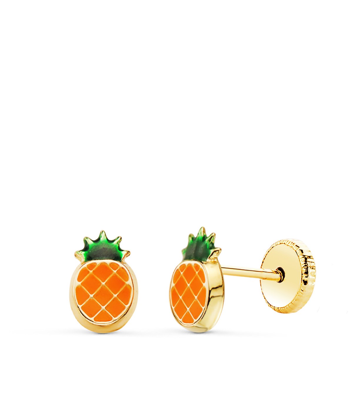 Pendientes de niña Oro 18K Piña. Cierre de rosca / tuerca / tornillo. Pendientes originales para niña frutas.