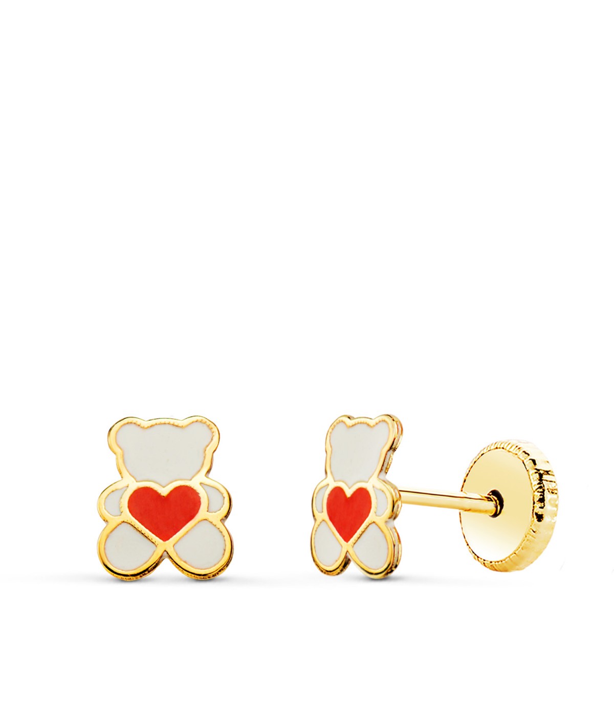 Orecchini bambina Orso polare smaltato con cuore oro 18kt, 6 mm