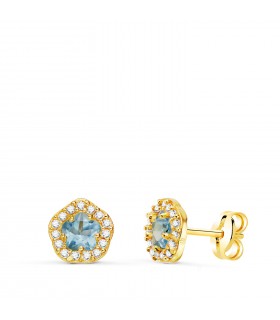Puces d'oreilles Melody aigue-marine or jaune 18K 7mm. Fille, petites boucles d'oreilles femme, deuxième trou.