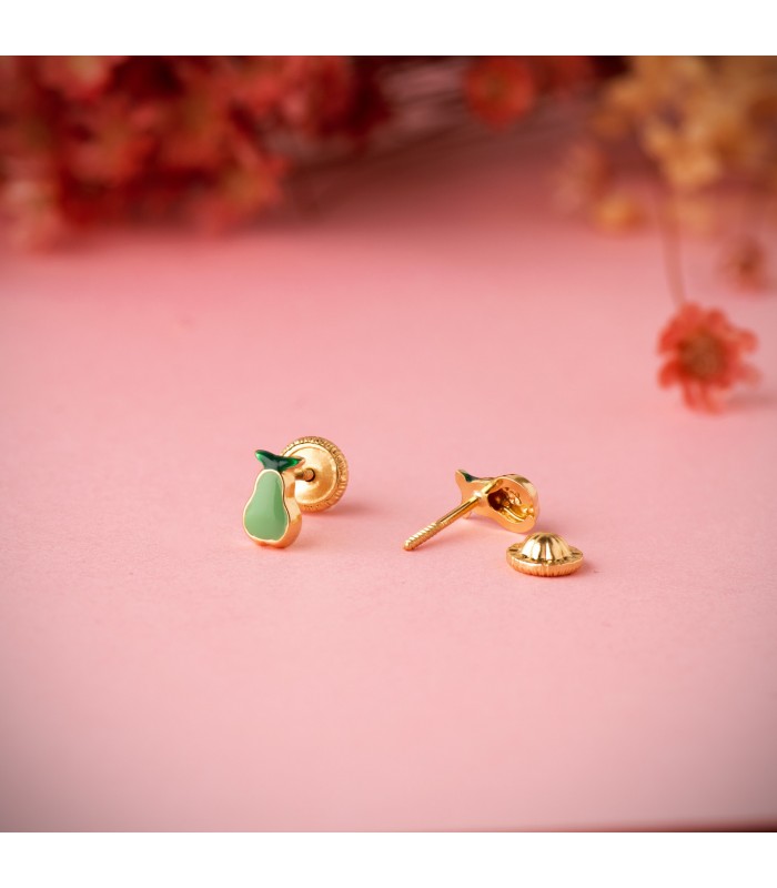 Pendientes de niña Oro 18K Pera. Cierre de rosca / tuerca / tornillo. Pendientes originales para niña frutas.