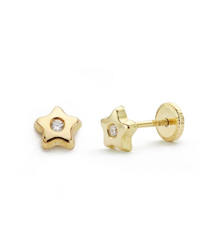 Pendientes oro amarillo Faina 18 Ktes, pendientes bebe y recien nacida con forma de estrella.