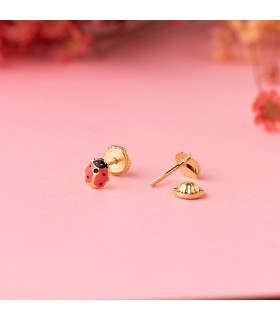 Portafortuna coccinella, orecchini oro bambina con smalto fucsia
