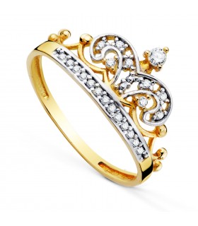Anillo Corona Oro Bicolor 18K. Sortija 15 años niña.
