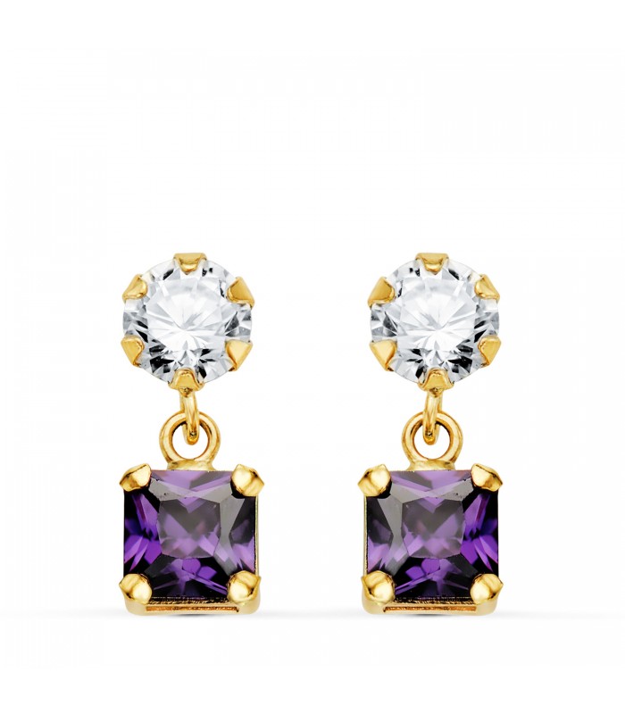 Orecchini donna oro 18kt Ametista. Pietre colorati. Orecchini pendenti lunghi Barcelona.