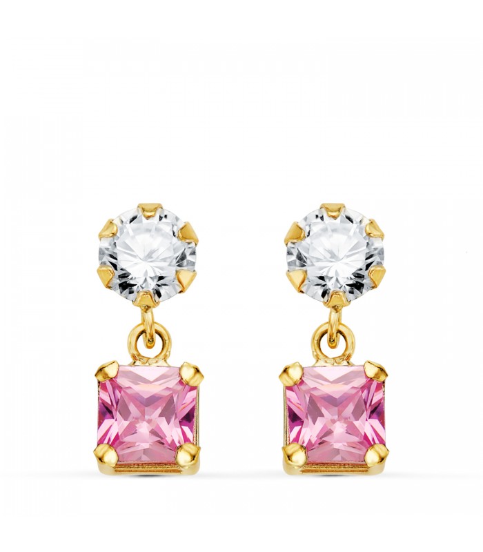 Pendientes mujer Barcelona Oro 18K Rosa. Pendientes largos, piedras de colores.