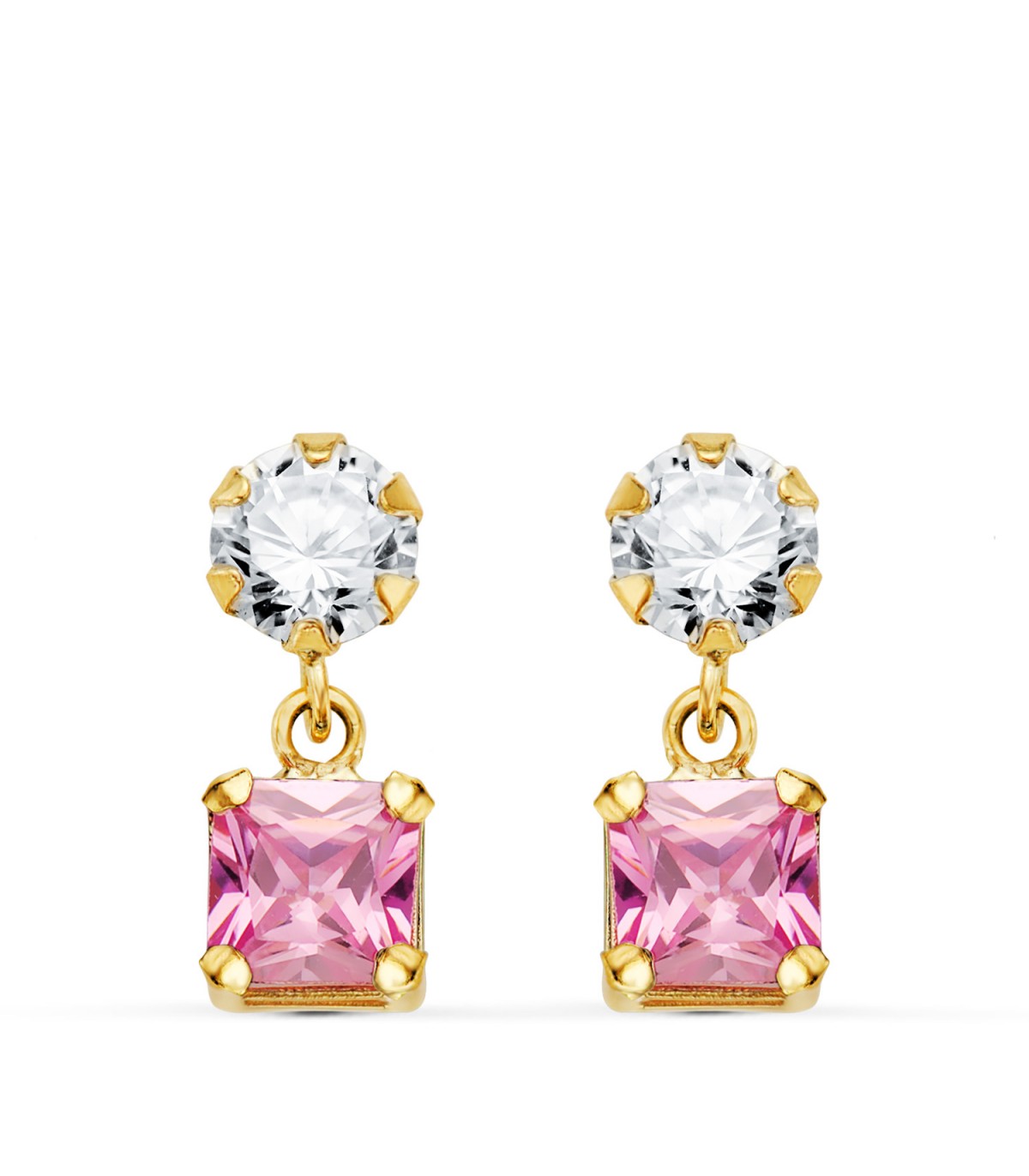 Orecchini in oro con zircone rosa. Pietre colorati. Orecchini pendenti lunghi Barcelona.