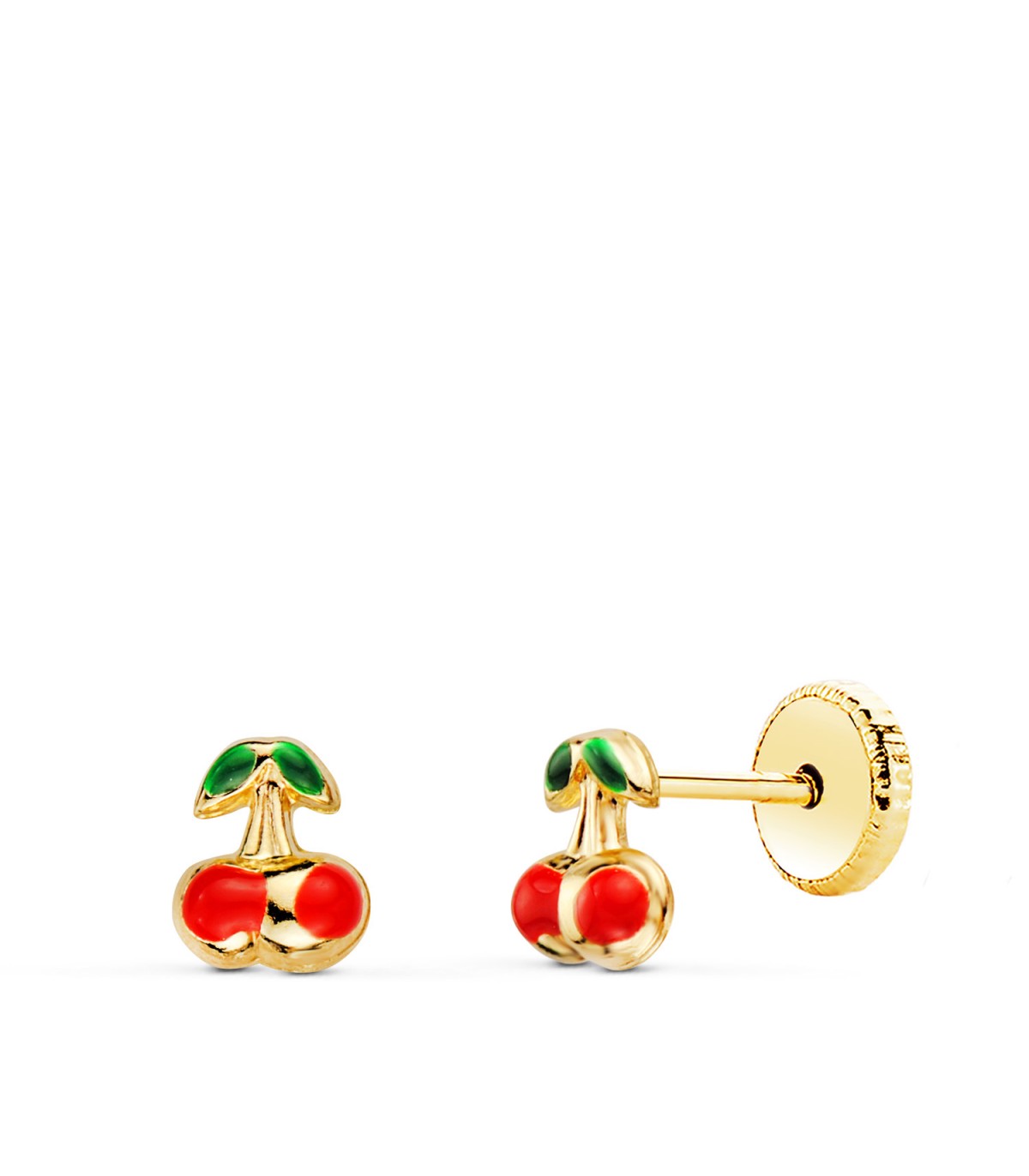Clous d'oreilles cerises or 18K 5mm.  Boucle d'oreille pour nouveau-née. Fermoir à vis