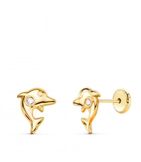Pendientes delfín oro 18K circonita, pendientes grandes de niña con cierre de tuerca.