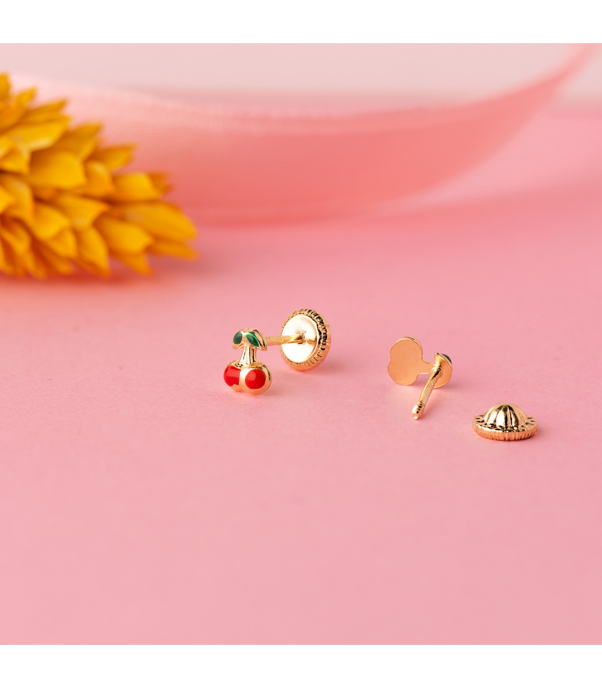 Pendientes Cerezas para bebé, oro 18 kilates, esmalte rojo, pendientes de rosca
