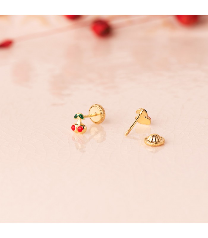 Pendiente cereza de bebé, oro 18k. Pendientes pequeños y piercings mujer