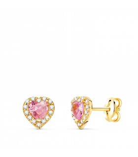 Puces d'oreilles Niba rose or jaune 18K 7mm. Boucles d'oreilles fille, petites boucles d'oreilles coeur femme, deuxième trou.