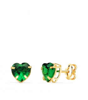 Orecchini punto luce Cuore con zirconi verdi, orecchini a lobo oro giallo 18 kt, da donna.