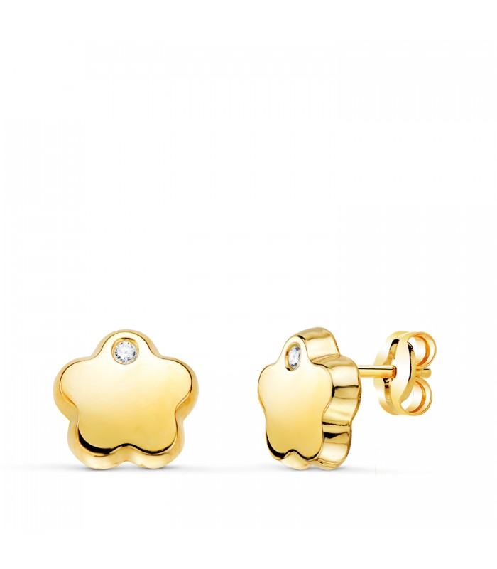 Boucles d'oreilles Fleur Zircon Or Jaune 18 K 7,5 mm. Puces d'oreilles fleurs or 750.