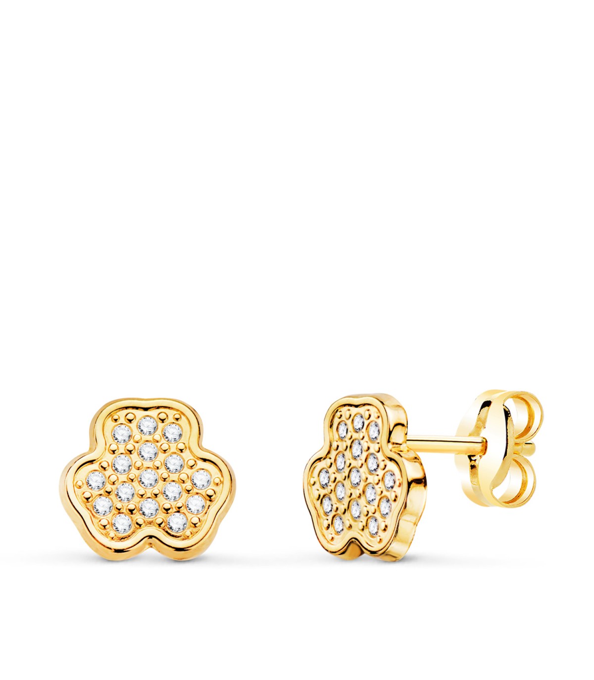 Orecchini in oro giallo 18kt 7 mm, modello lobo donna trifoglio Lina, con pavé di zirconi