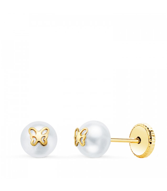 Pendientes de perlas oro 18k Pearl & Butterfly 5mm. Regalo para bebé, bautizo, recién nacida.