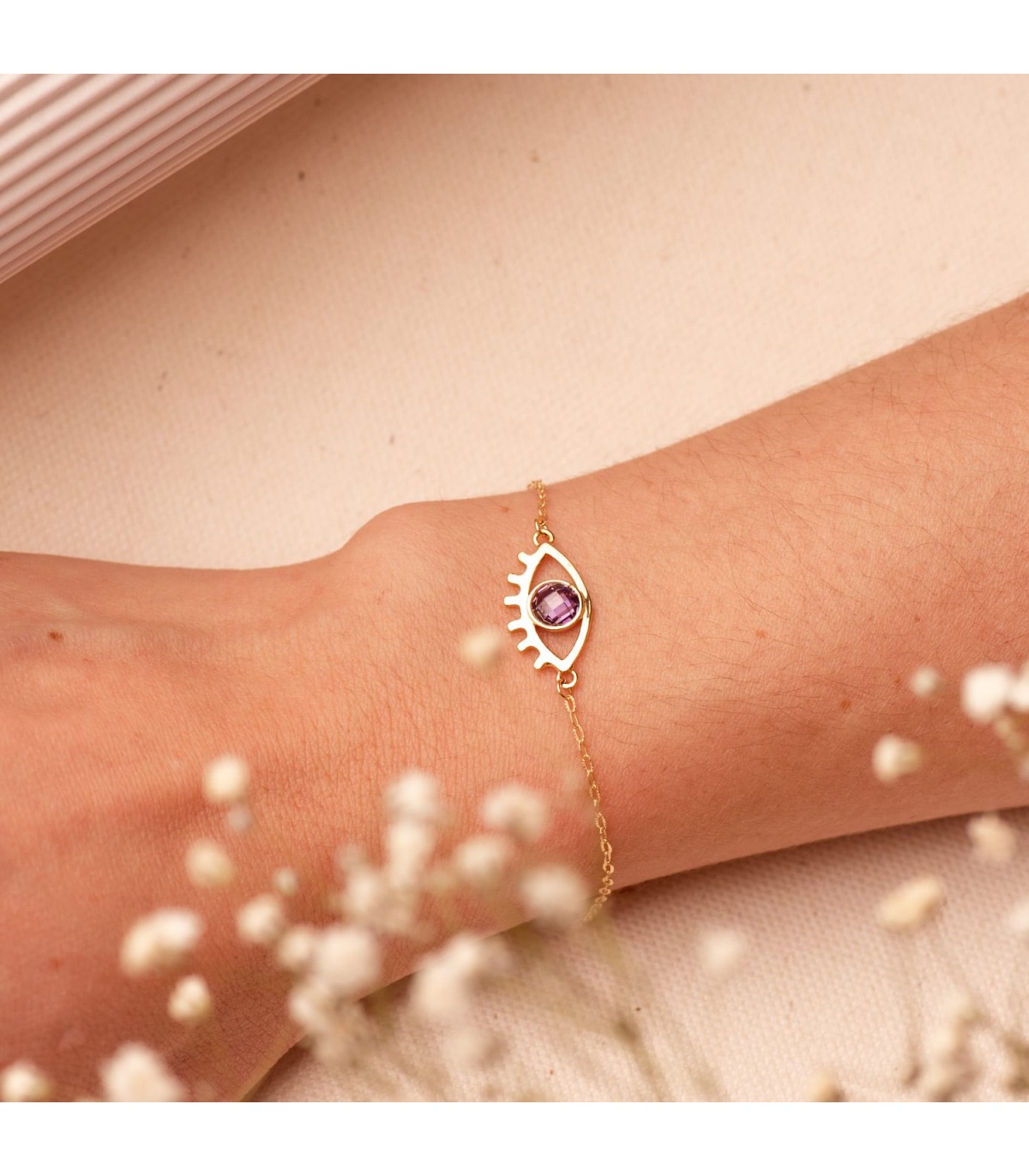 Pulsera Ojo Turco Oro Amarillo 18K Amatista. Joya amuleto de la suerte