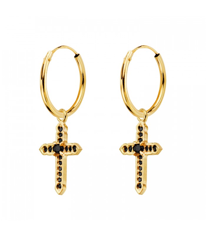 Aros colgante cruz Oro 18k circonitas negras - Pendientes de aro, aros mujer