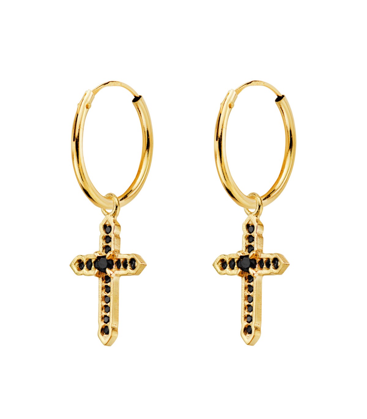 Aros colgante cruz Oro 18k circonitas negras - Pendientes de aro, aros mujer
