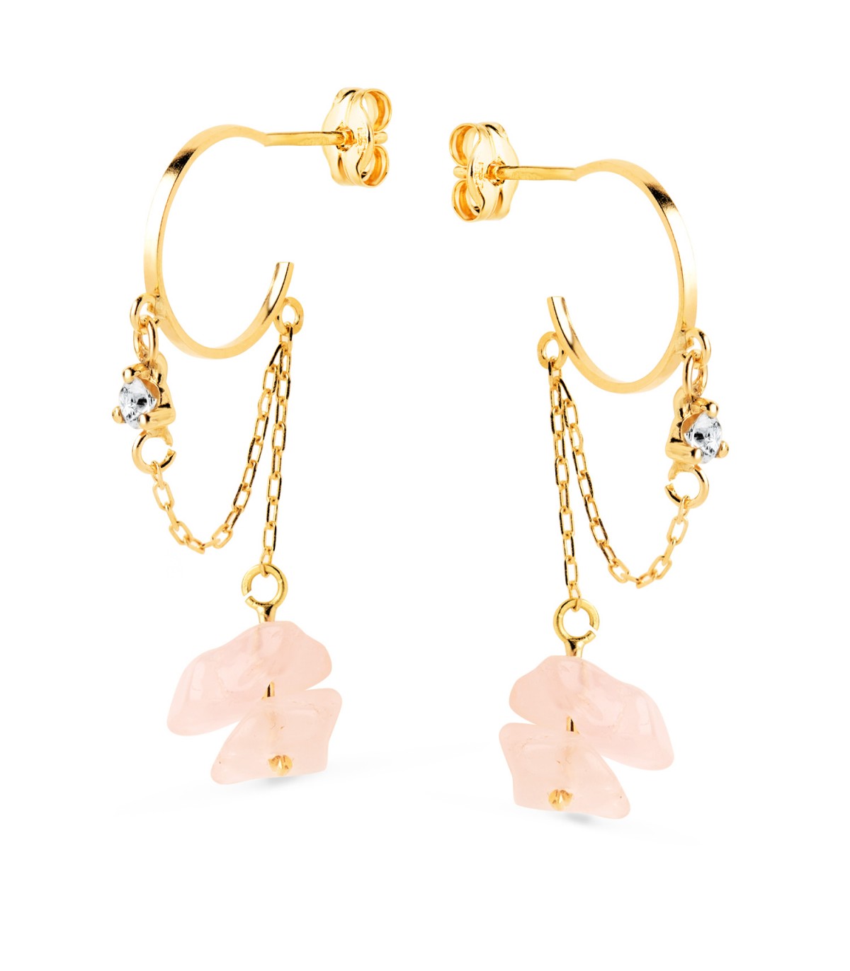 Pendientes oro 18K Wanda cuarzo rosa. Joyas para mujer, joyería online. Pendientes modernos.