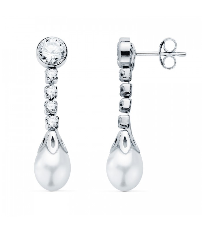 Boucles d'oreilles Mariage en or blanc avec perles. Boucles d'oreilles pendantes or 750. Bijoux en ligne Alda.